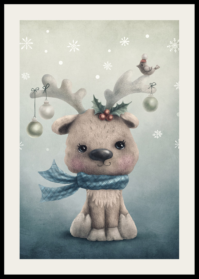 Illustrated reindeer calf with blue scarf and Christmas decorations-12