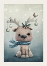 Illustrerad renkalv med blå halsduk och juldekorationer-3