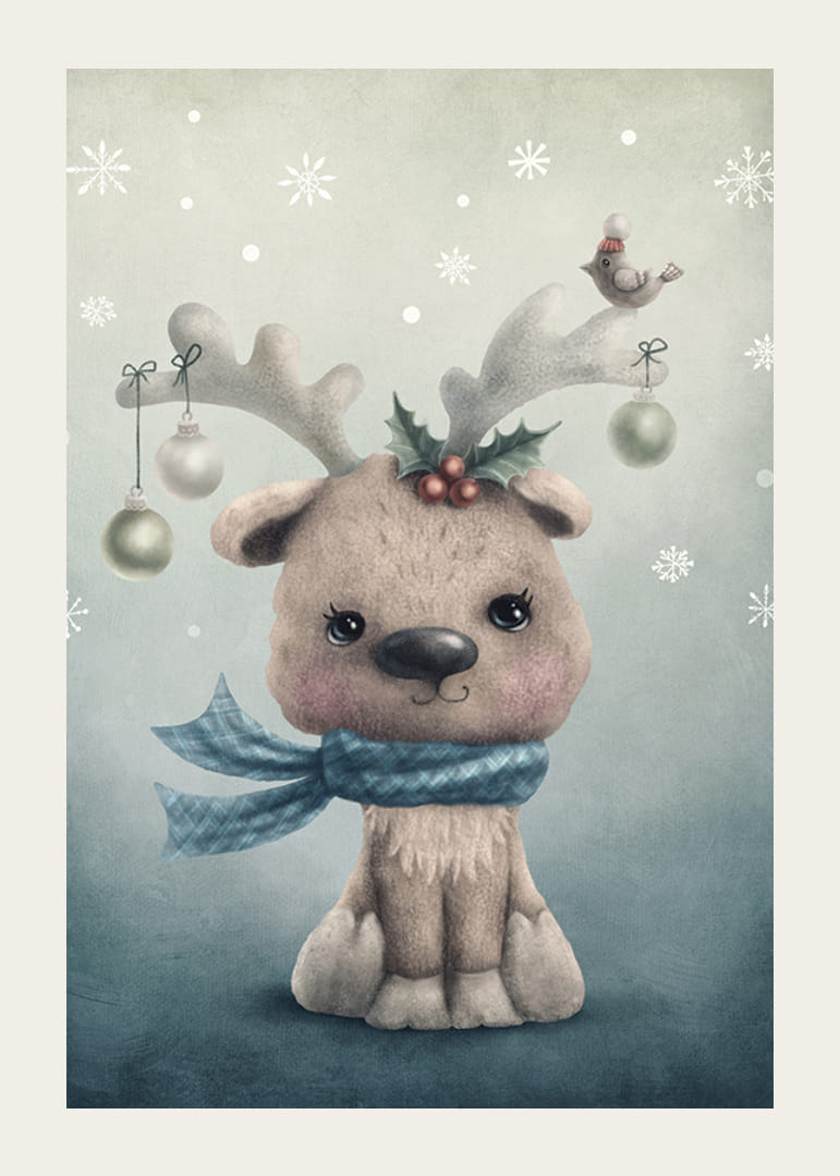 Illustrerad renkalv med blå halsduk och juldekorationer-12