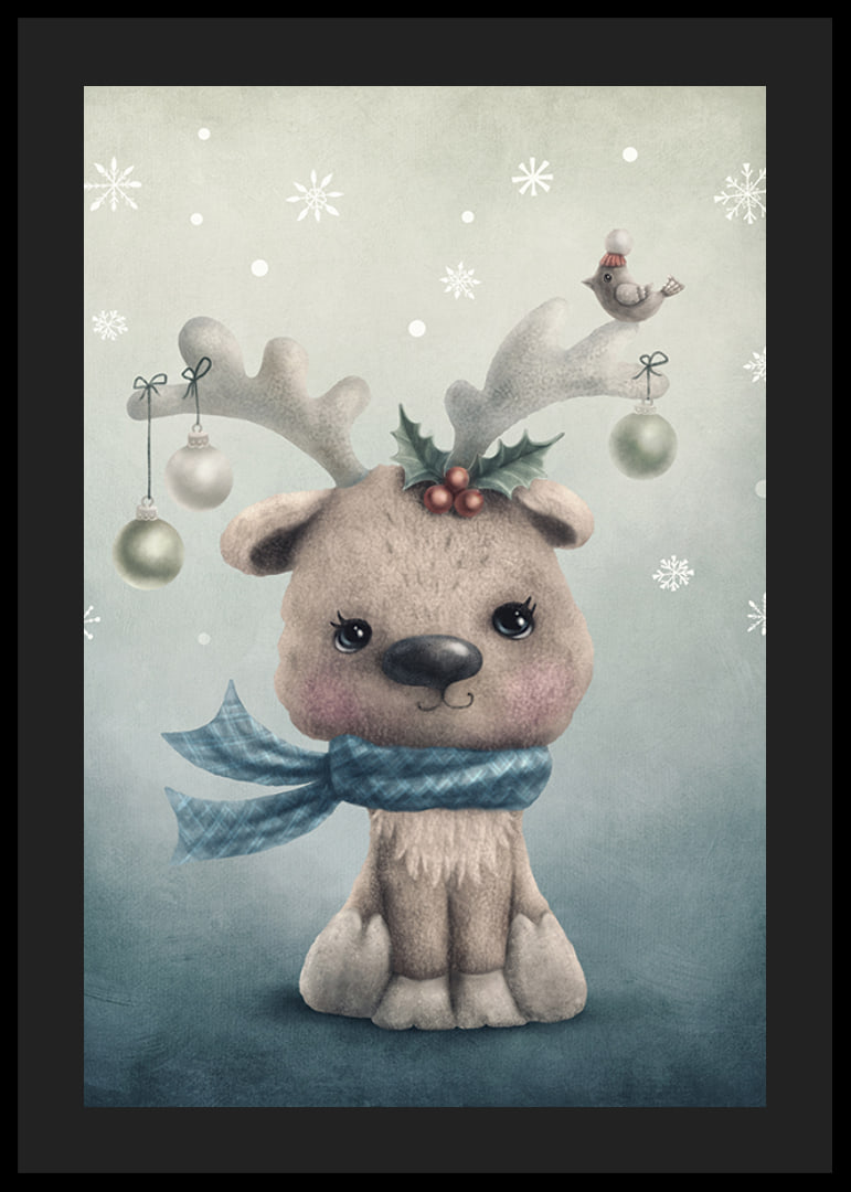 Illustrated reindeer calf with blue scarf and Christmas decorations-12