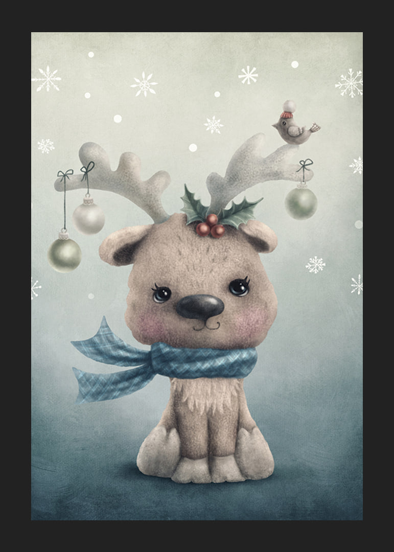 Illustrated reindeer calf with blue scarf and Christmas decorations-12