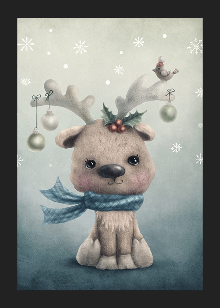 Illustrerad renkalv med blå halsduk och juldekorationer-12