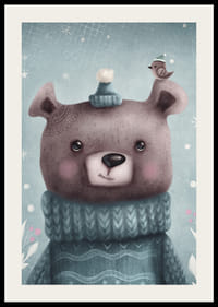 Illustreret brun bjørn i blå strikket sweater og hue-2