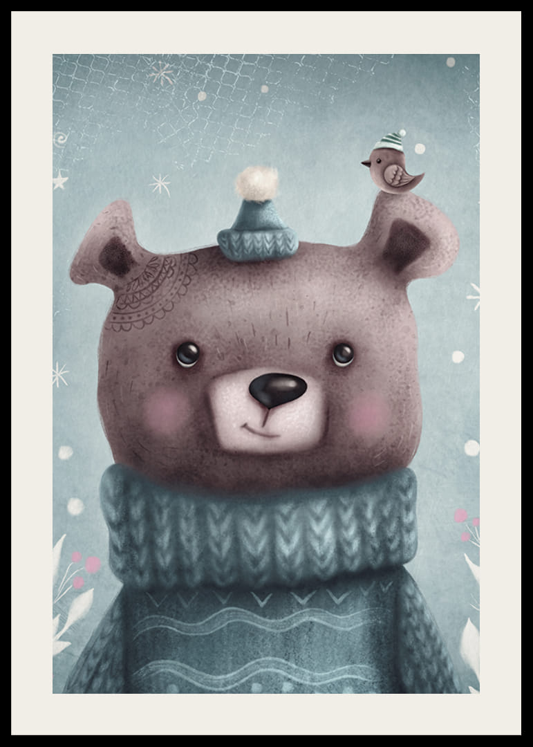 Illustreret brun bjørn i blå strikket sweater og hue-12