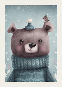 Illustreret brun bjørn i blå strikket sweater og hue-3
