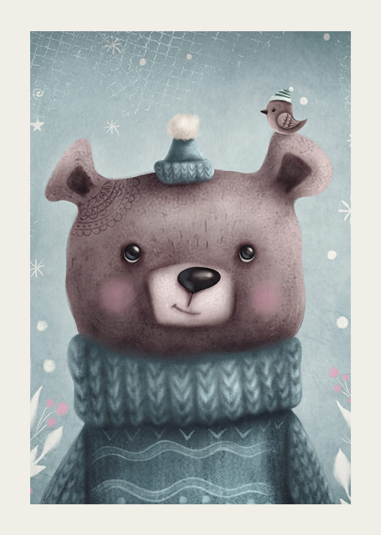 Illustreret brun bjørn i blå strikket sweater og hue-12