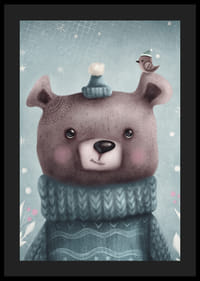 Illustreret brun bjørn i blå strikket sweater og hue-4