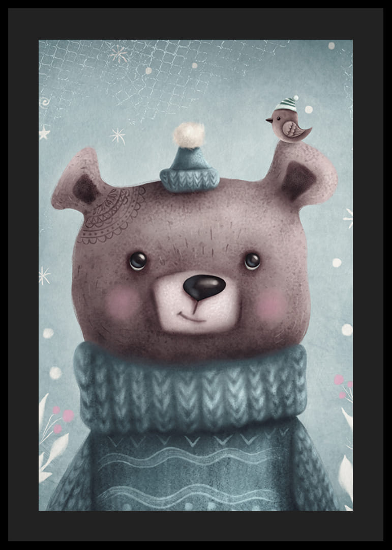 Illustreret brun bjørn i blå strikket sweater og hue-12