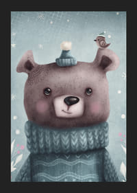 Illustreret brun bjørn i blå strikket sweater og hue-5