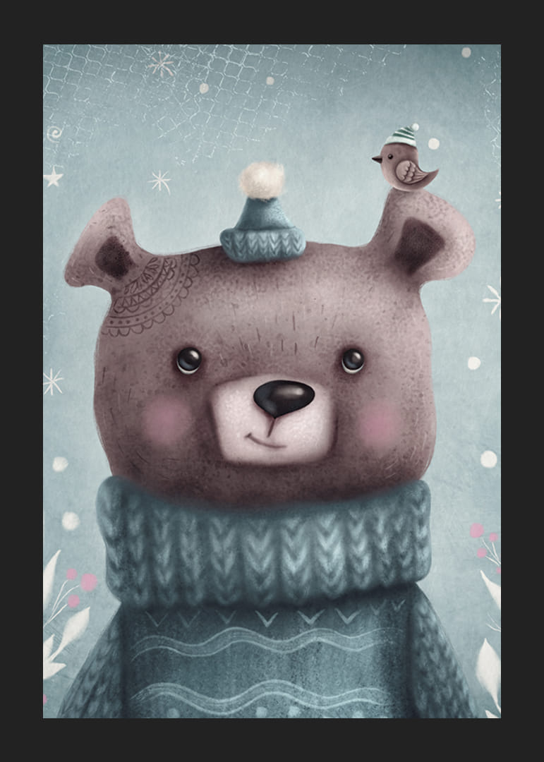 Illustreret brun bjørn i blå strikket sweater og hue-12