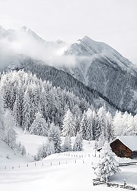 Chalet alpin enneigé avec sapins et montagnes dans un paysage hivernal-7