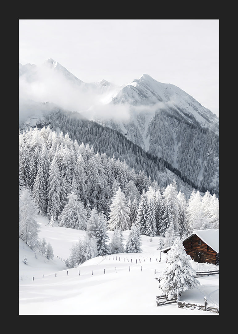 Chalet alpin enneigé avec sapins et montagnes dans un paysage hivernal-12