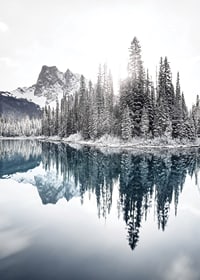 Fotografi av snötäckta granar vid klarblå sjö och berg-7