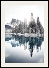 Valokuva lumipeitteisistä kuusista kirkkaan sinisen järven ja vuorten rannalla-2