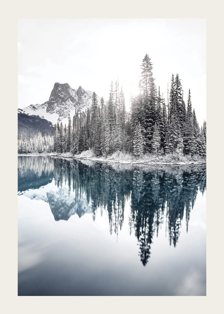 Valokuva lumipeitteisistä kuusista kirkkaan sinisen järven ja vuorten rannalla-12