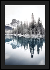 Valokuva lumipeitteisistä kuusista kirkkaan sinisen järven ja vuorten rannalla-4