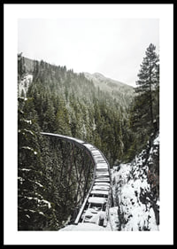 Photograph of snow-covered railway bridge over spruce forest in winter landscape-0