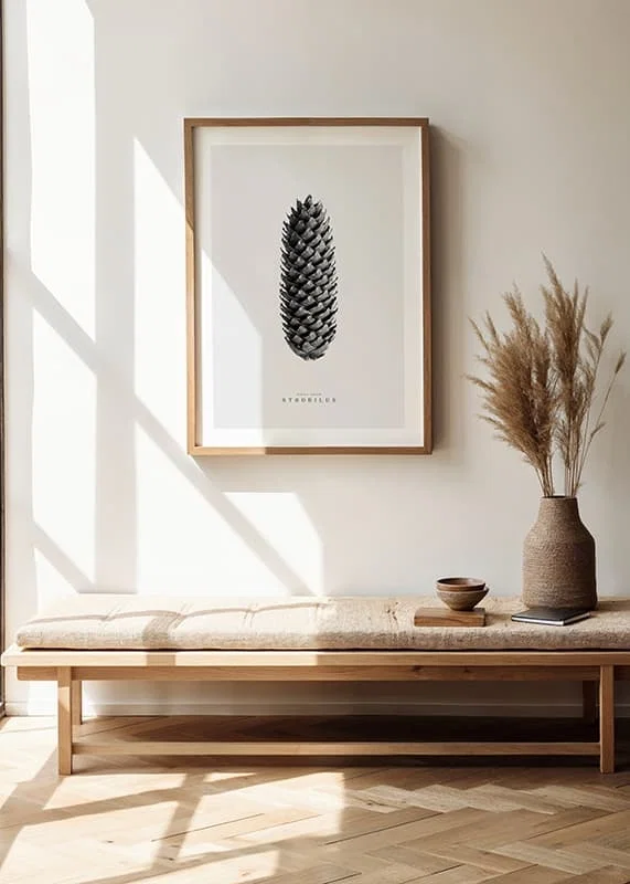 Black and white photo of pine cone against light gray background-12