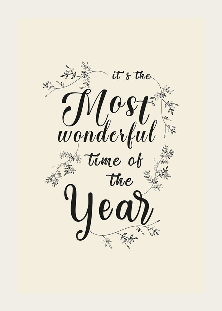 Texte de Noël manuscrit en noir avec des décorations de feuilles sur fond beige-12