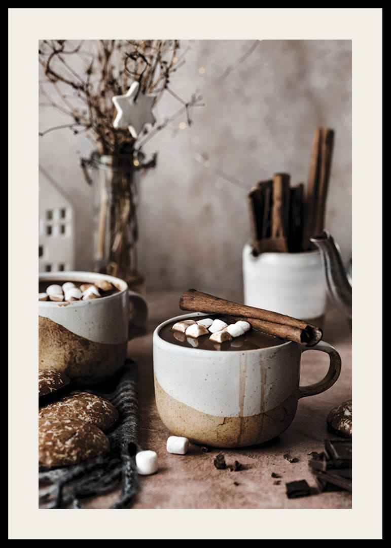 Two mugs of hot chocolate with marshmallows and cinnamon stick-12