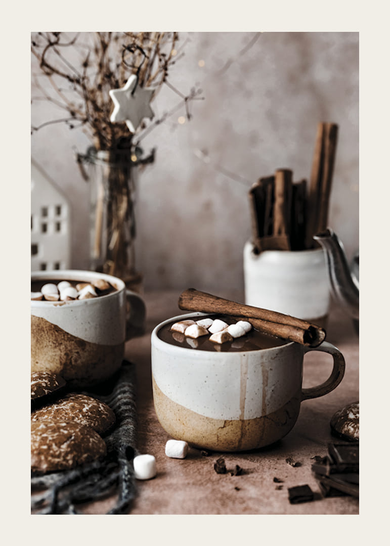Two mugs of hot chocolate with marshmallows and cinnamon stick-12
