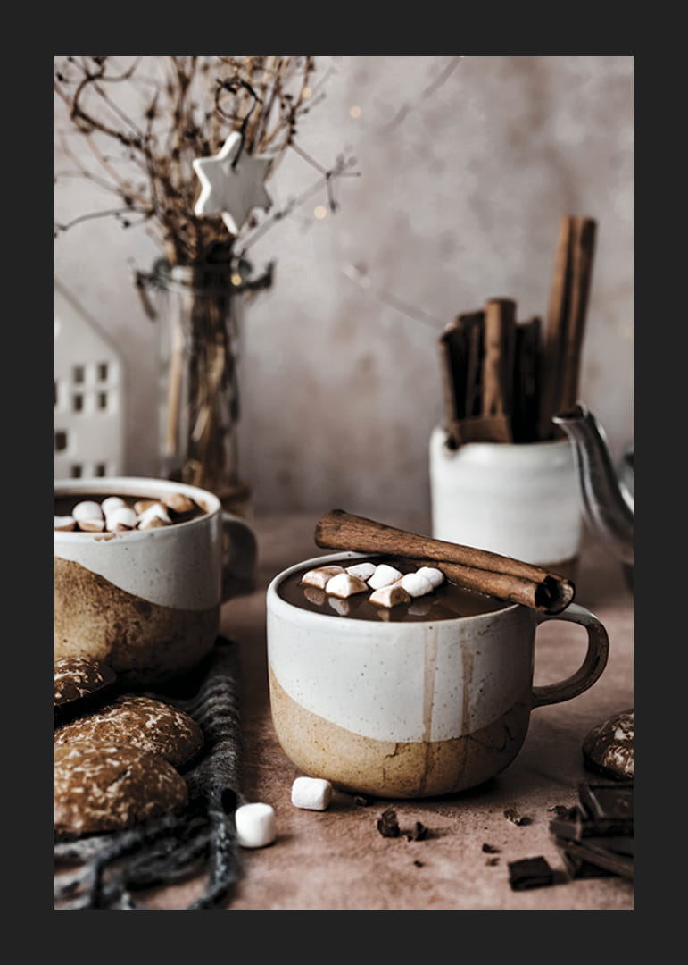 Two mugs of hot chocolate with marshmallows and cinnamon stick-12