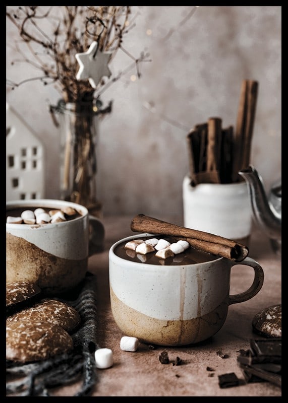 Two mugs of hot chocolate with marshmallows and cinnamon stick-12