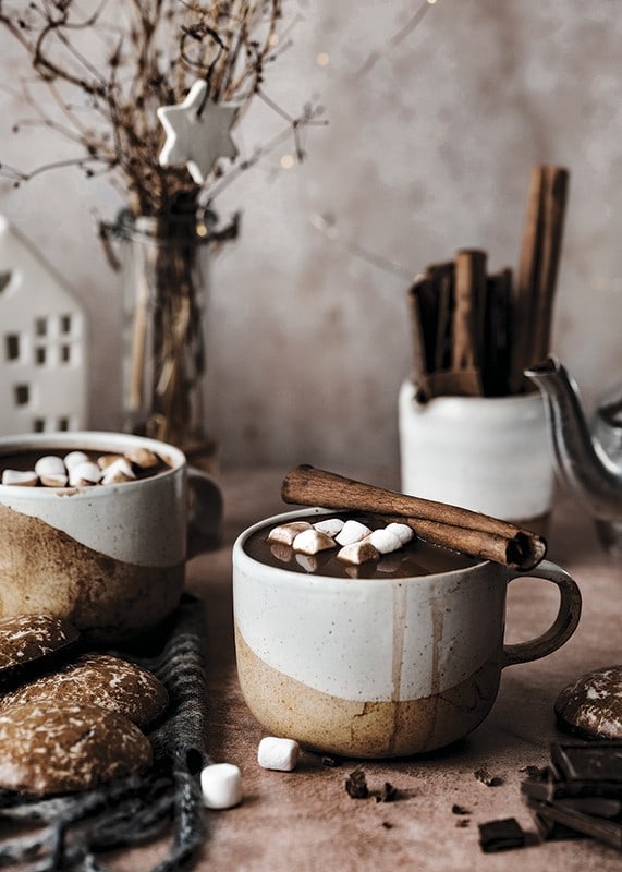 Two mugs of hot chocolate with marshmallows and cinnamon stick-12