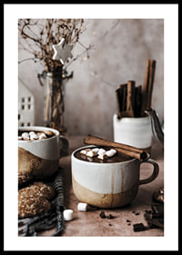 Two mugs of hot chocolate with marshmallows and cinnamon stick-0