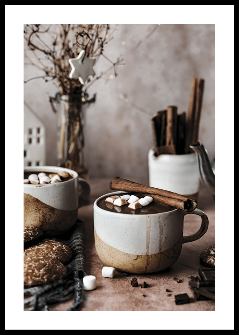 Two mugs of hot chocolate with marshmallows and cinnamon stick-12