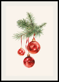 Akvarel af røde julekugler i grantrægren på lys baggrund-2