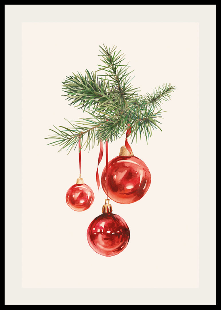 Akvarel af røde julekugler i grantrægren på lys baggrund-12