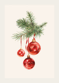Akvarel af røde julekugler i grantrægren på lys baggrund-3
