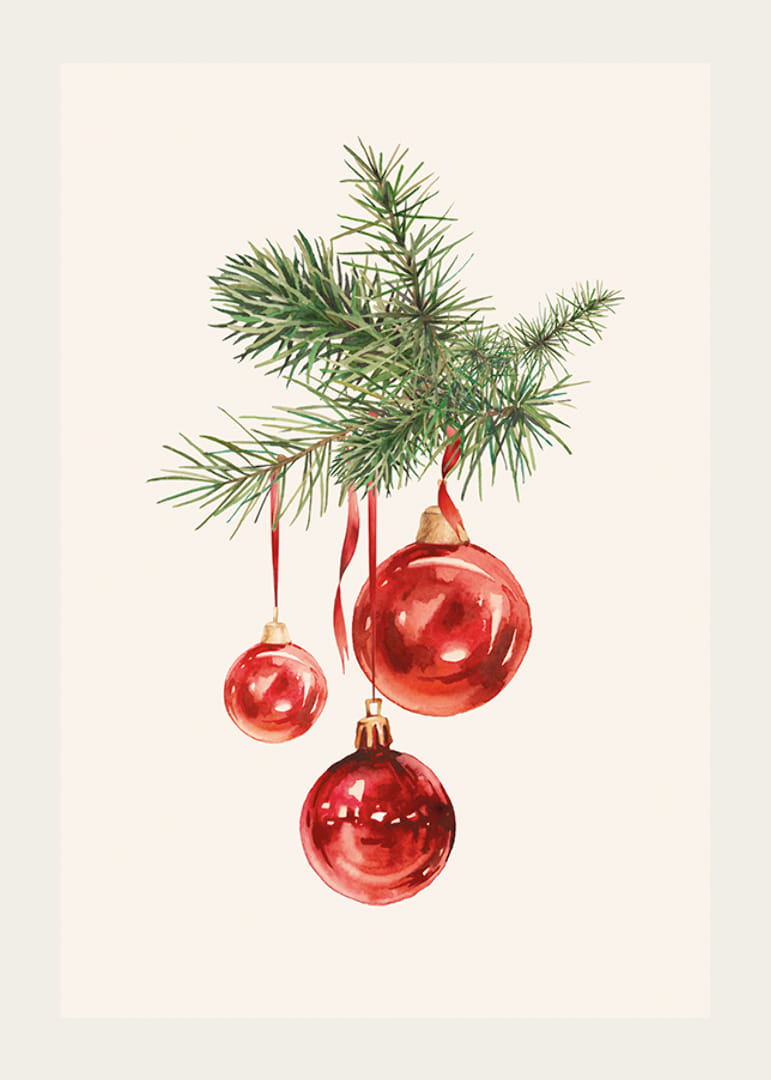 Akvarel af røde julekugler i grantrægren på lys baggrund-12