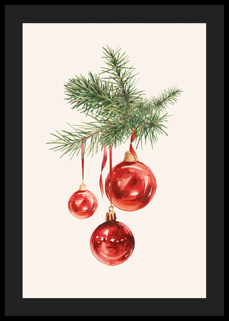 Watercolor of red Christmas balls in fir tree branch on light background-12