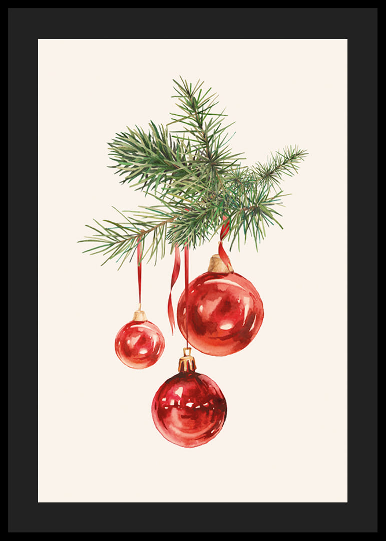 Akvarel af røde julekugler i grantrægren på lys baggrund-12