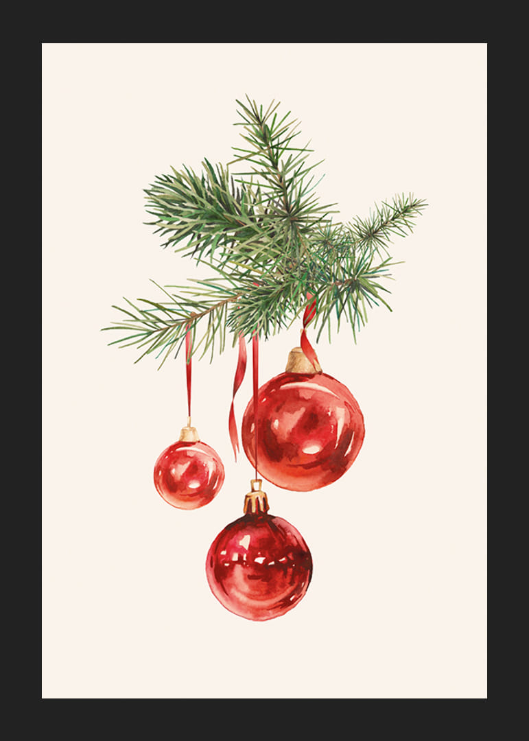 Akvarel af røde julekugler i grantrægren på lys baggrund-12