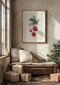 Watercolor of red Christmas balls in fir tree branch on light background-8