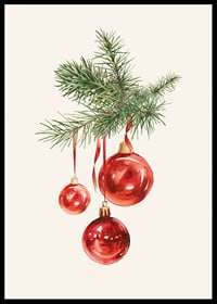 Watercolor of red Christmas balls in fir tree branch on light background-6