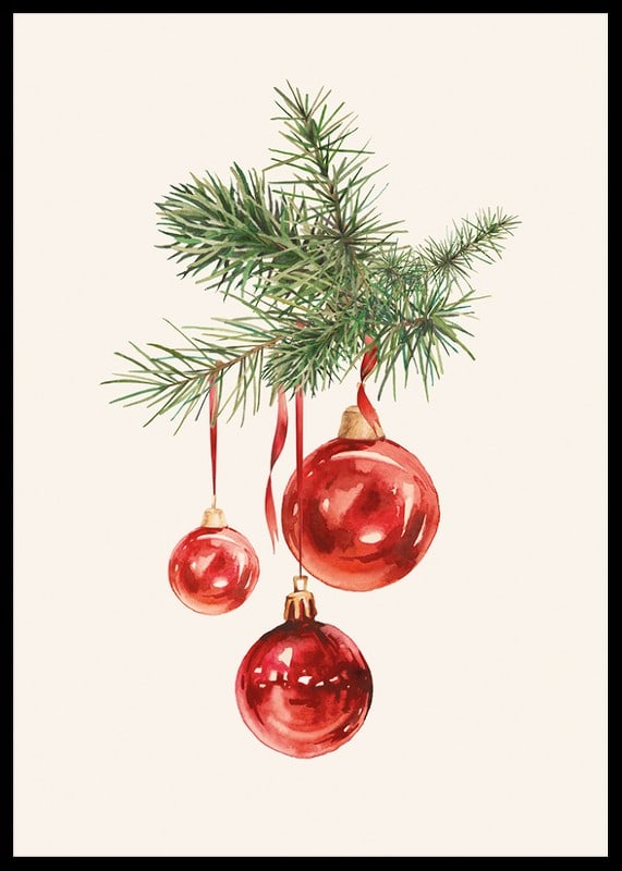 Watercolor of red Christmas balls in fir tree branch on light background-12