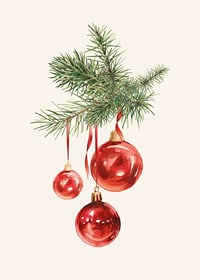 Watercolor of red Christmas balls in fir tree branch on light background-7