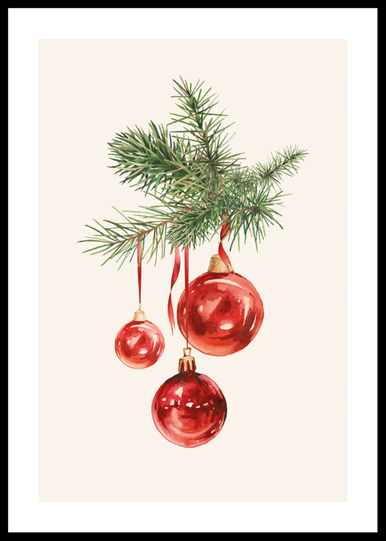 Watercolor of red Christmas balls in fir tree branch on light background-12
