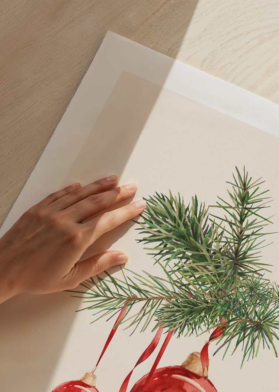 Watercolor of red Christmas balls in fir tree branch on light background-12