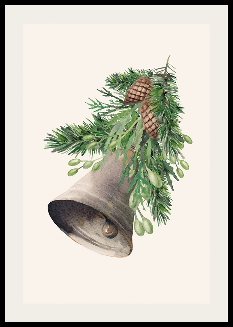 Watercolor of Christmas bell with fir branches and cones-12