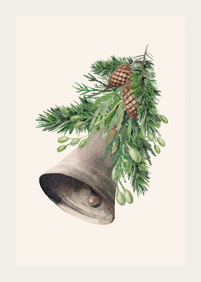 Karácsonyi harang akvarell fenyő ágakkal és tobozokkal-12