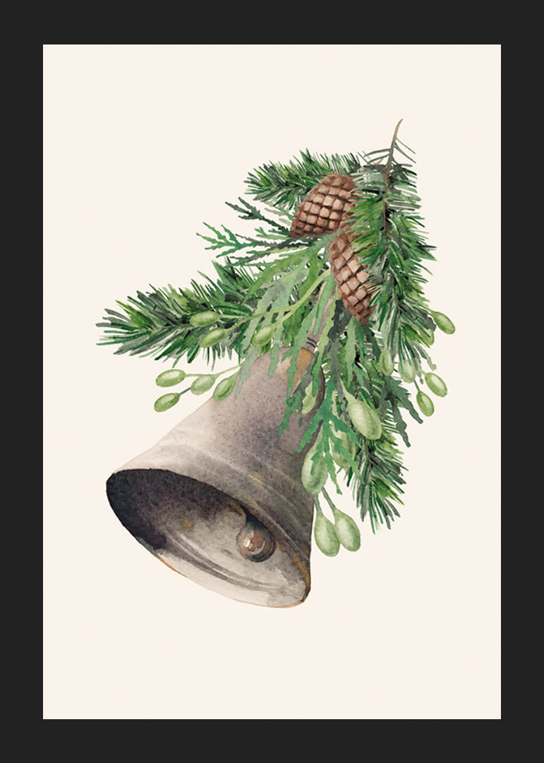 Karácsonyi harang akvarell fenyő ágakkal és tobozokkal-12