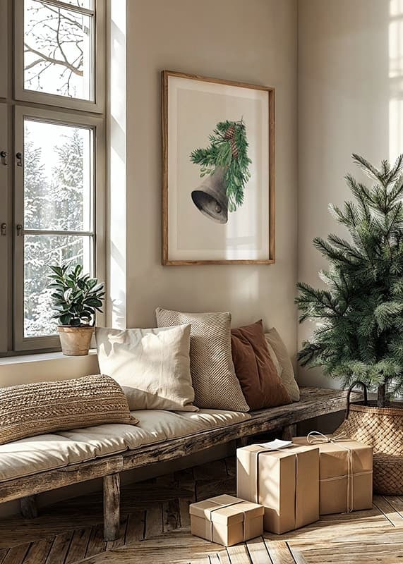 Watercolor of Christmas bell with fir branches and cones-12