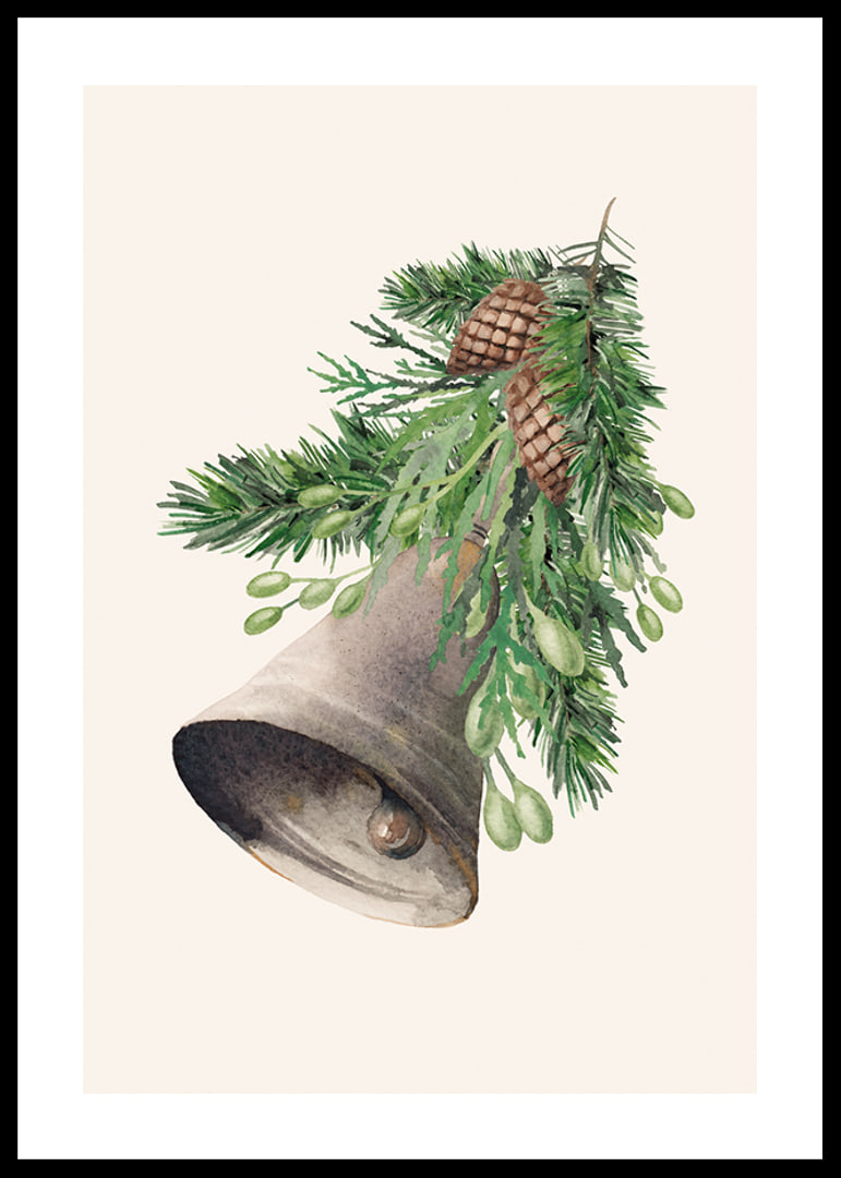Watercolor of Christmas bell with fir branches and cones-12
