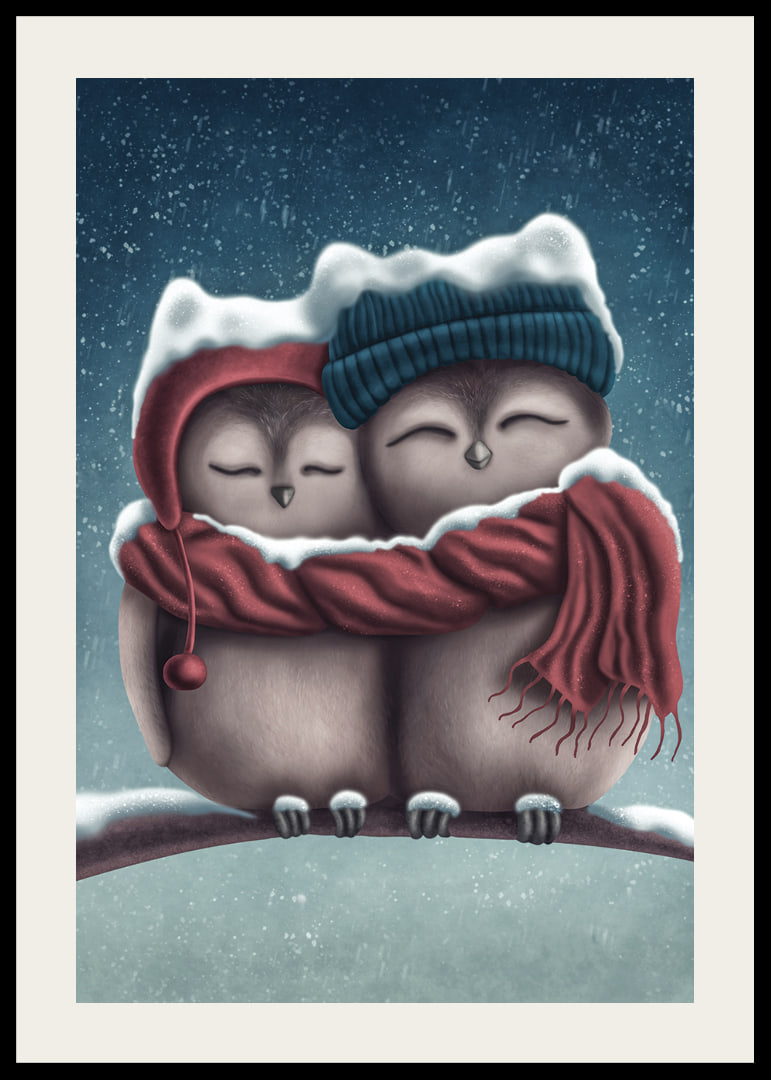 Illustrated owls with hats and scarf in wintry snowfall-12
