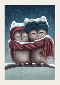 Illustrated owls with hats and scarf in wintry snowfall-3